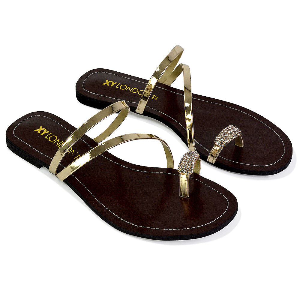 Bliss Embellished Toe Ring Strappy Slip On Flat Diamante Sandal Slides in Fuchsia