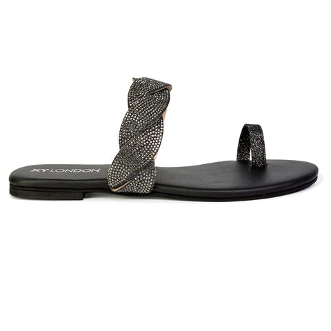 Dreamer Diamante Strap Toe Post Ring Flat Summer Woven Sandal Sliders in Black