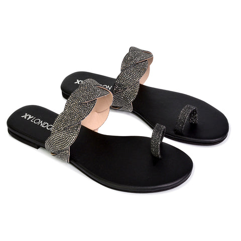 Dreamer Diamante Strap Toe Post Ring Flat Summer Woven Sandal Sliders in Gold