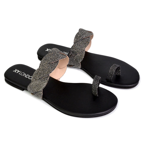 Dreamer Diamante Strap Toe Post Ring Flat Summer Woven Sandal Sliders in Black