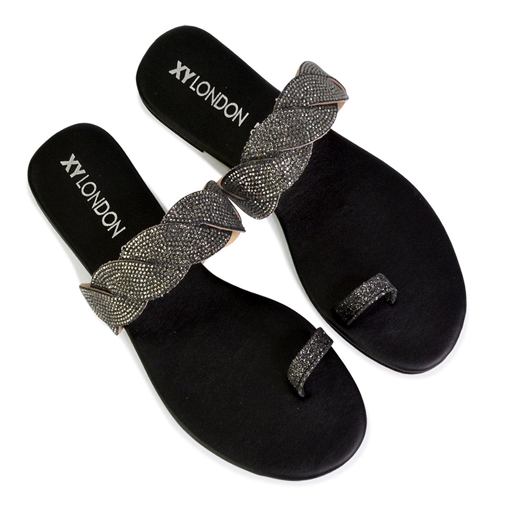 Dreamer Diamante Strap Toe Post Ring Flat Summer Woven Sandal Sliders in Black