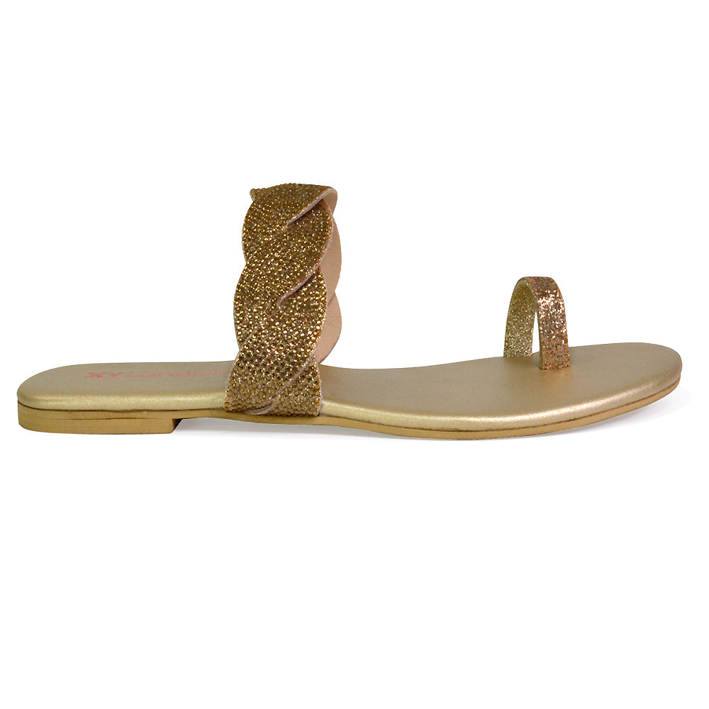 Dreamer Diamante Strap Toe Post Ring Flat Summer Woven Sandal Sliders in Gold