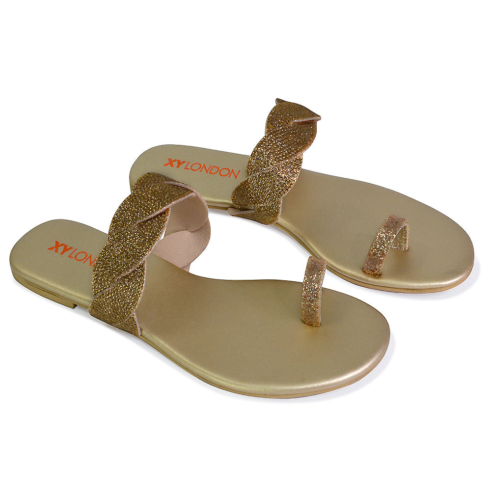 Dreamer Diamante Strap Toe Post Ring Flat Summer Woven Sandal Sliders in Gold