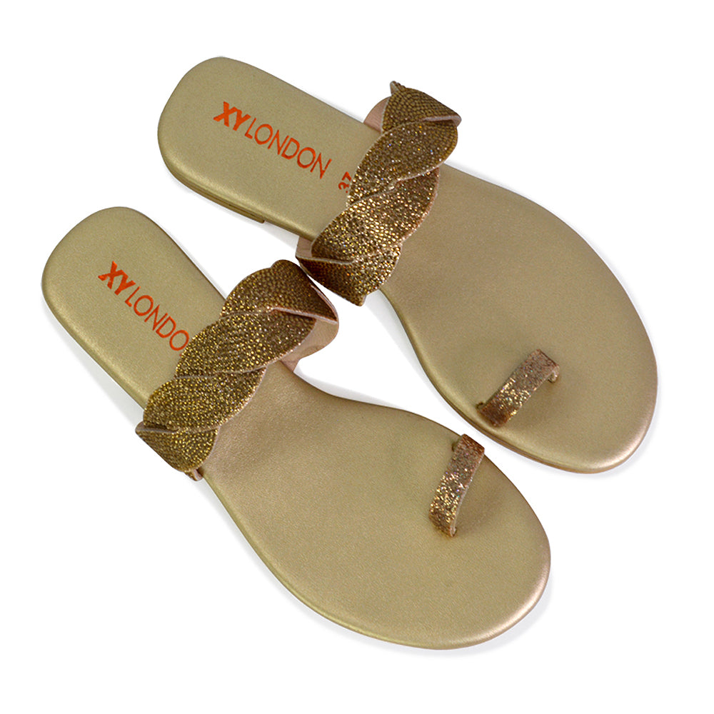 Dreamer Diamante Strap Toe Post Ring Flat Summer Woven Sandal Sliders in Gold