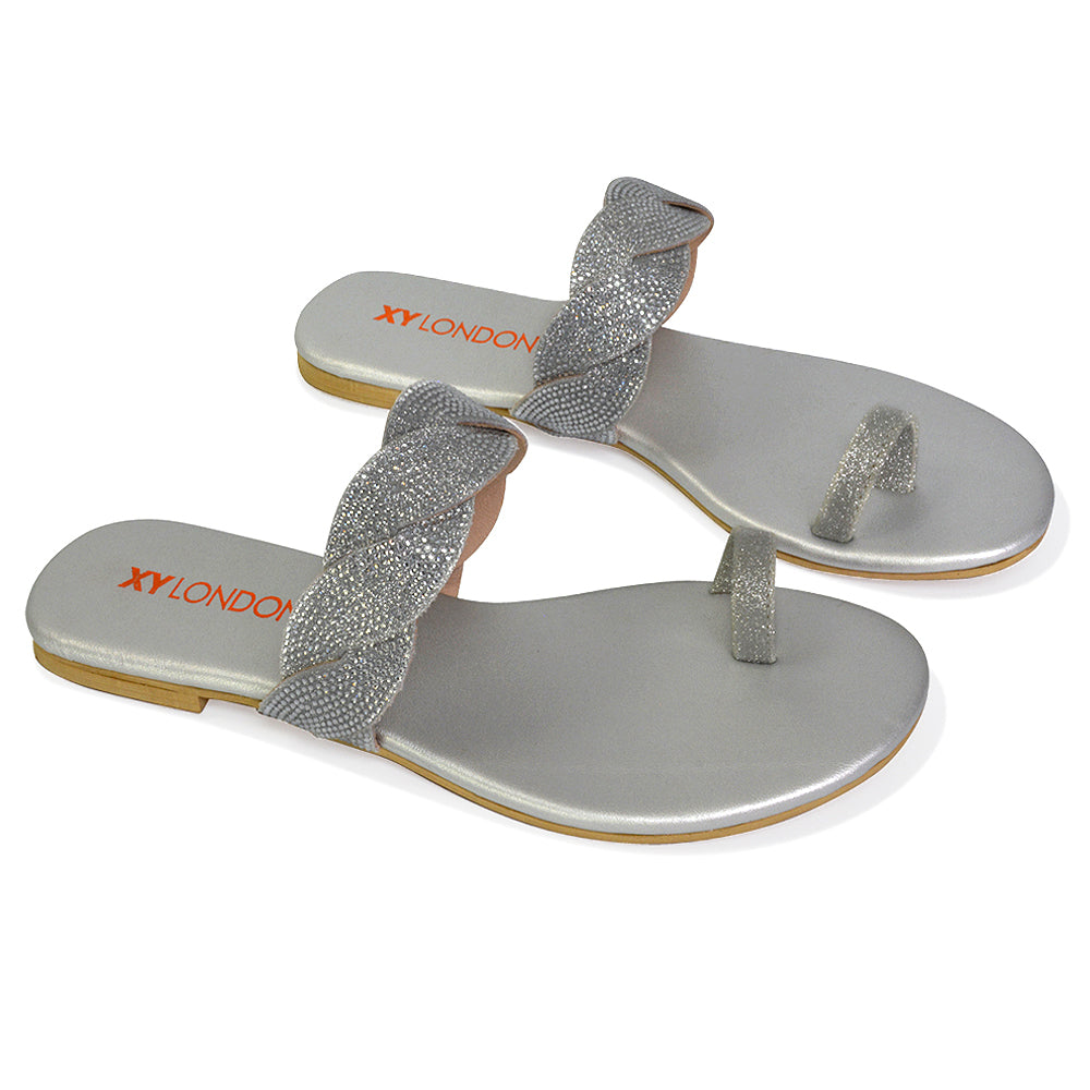 Dreamer Diamante Strap Toe Post Ring Flat Summer Woven Sandal Sliders in Gold