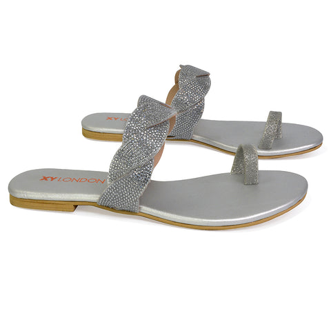 Dreamer Diamante Strap Toe Post Ring Flat Summer Woven Sandal Sliders in Gold