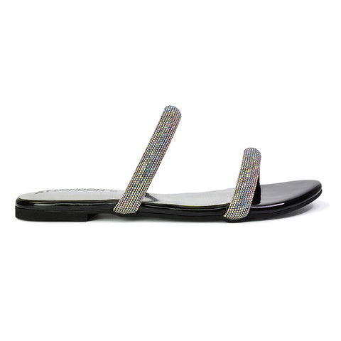 Hope Slip On Sparkly Bridal Shoes Summer Diamante Flat Sandals in Black