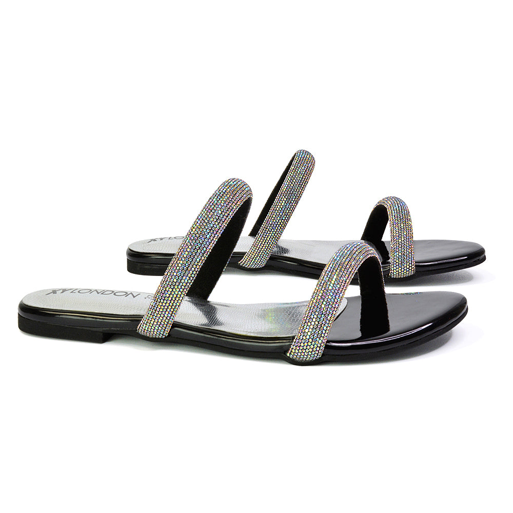 Hope Slip On Sparkly Bridal Shoes Summer Diamante Flat Sandals in Black