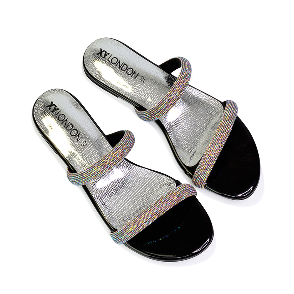 Hope Slip On Sparkly Bridal Shoes Summer Diamante Flat Sandals in Black