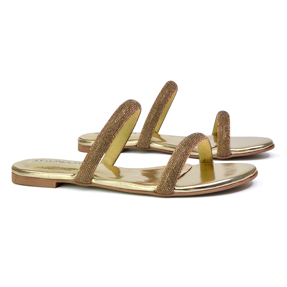 gold diamante flat sandals