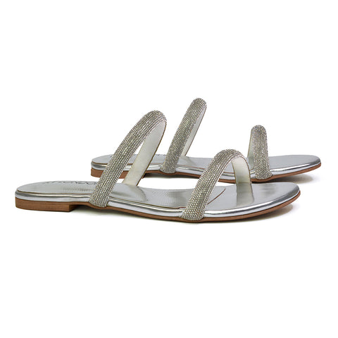 Hope Slip On Sparkly Bridal Shoes Summer Diamante Flat Sandals in Gold