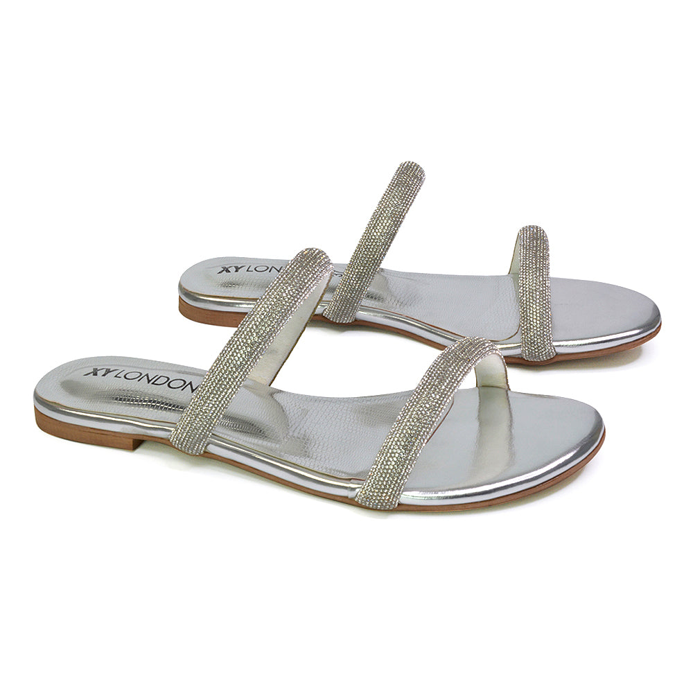 Hope Slip On Sparkly Bridal Shoes Summer Diamante Flat Sandals in Gold