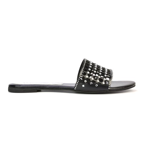 Abbie Mesh Strappy Diamante Slip On Flat Sandals Sliders in Black