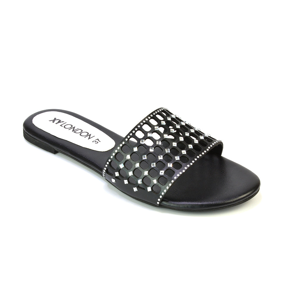 Abbie Mesh Strappy Diamante Slip On Flat Sandals Sliders in Black
