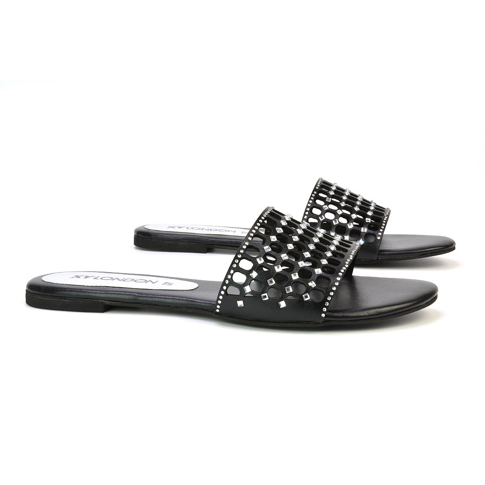 Abbie Mesh Strappy Diamante Slip On Flat Sandals Sliders in Black