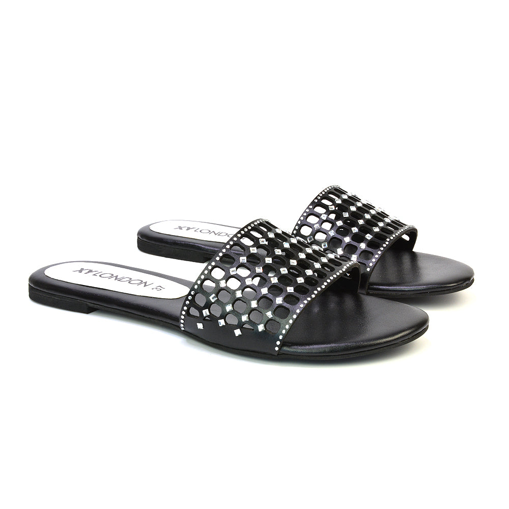 Abbie Mesh Strappy Diamante Slip On Flat Sandals Sliders in Black