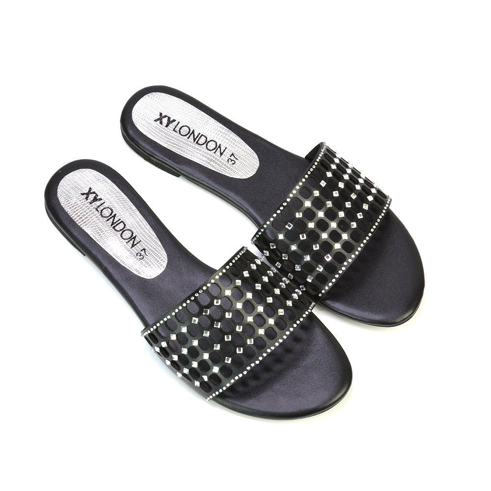 Abbie Mesh Strappy Diamante Slip On Flat Sandals Sliders in Black