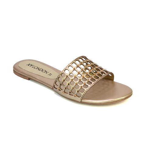 Abbie Mesh Strappy Diamante Slip On Flat Sandals Sliders in Gold