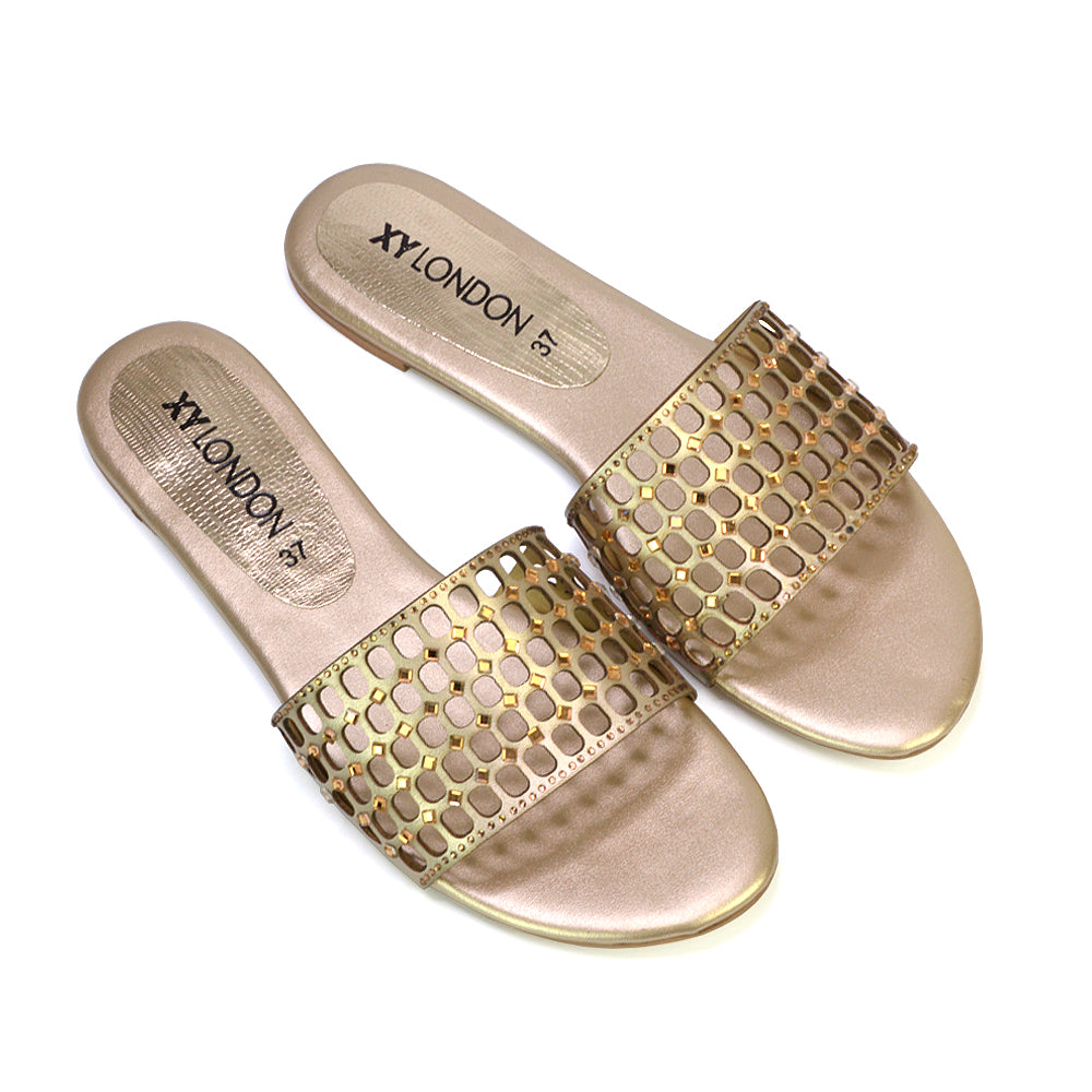 Abbie Mesh Strappy Diamante Slip On Flat Sandals Sliders in Gold