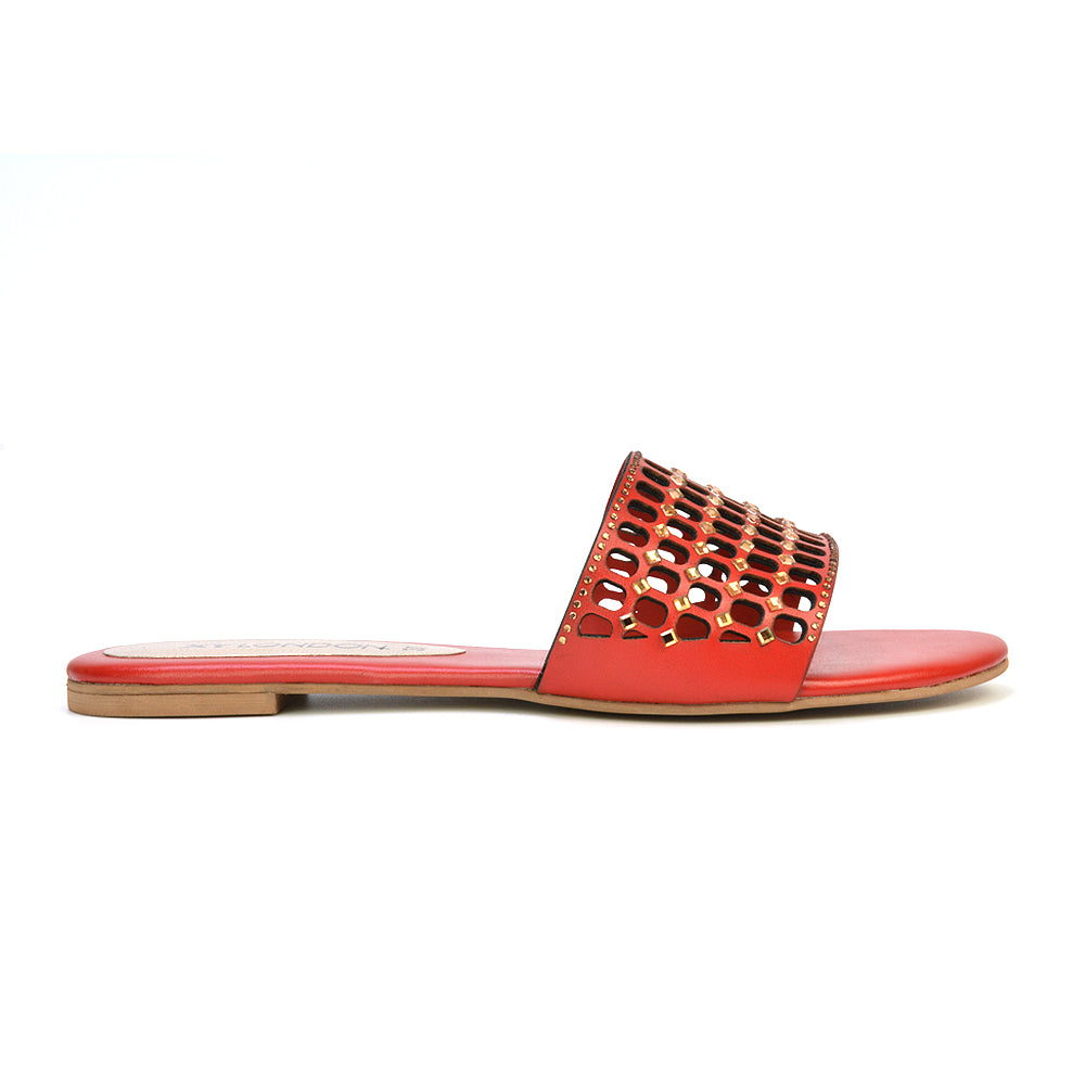 Abbie Mesh Strappy Diamante Slip On Flat Sandals Sliders in Red
