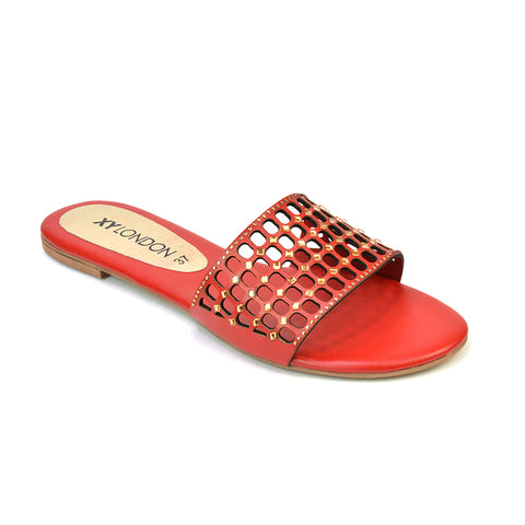 Abbie Mesh Strappy Diamante Slip On Flat Sandals Sliders in Red