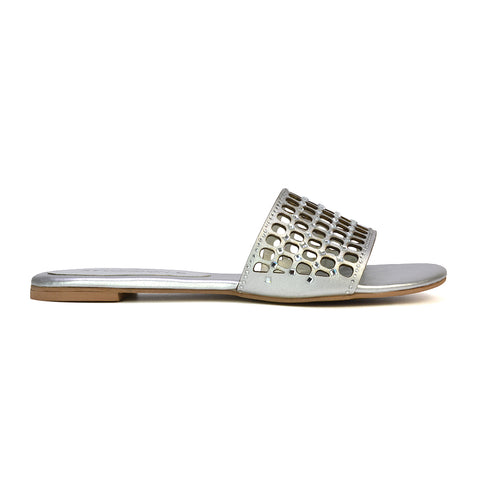 Abbie Mesh Strappy Diamante Slip On Flat Sandals Sliders in Gold