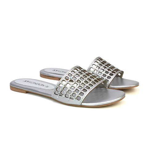 Abbie Mesh Strappy Diamante Slip On Flat Sandals Sliders in Gold