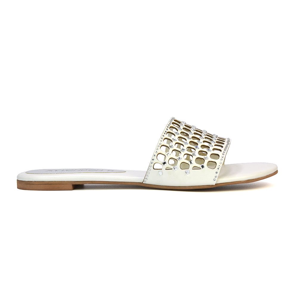 Abbie Mesh Strappy Diamante Slip On Flat Sandals Sliders in Gold