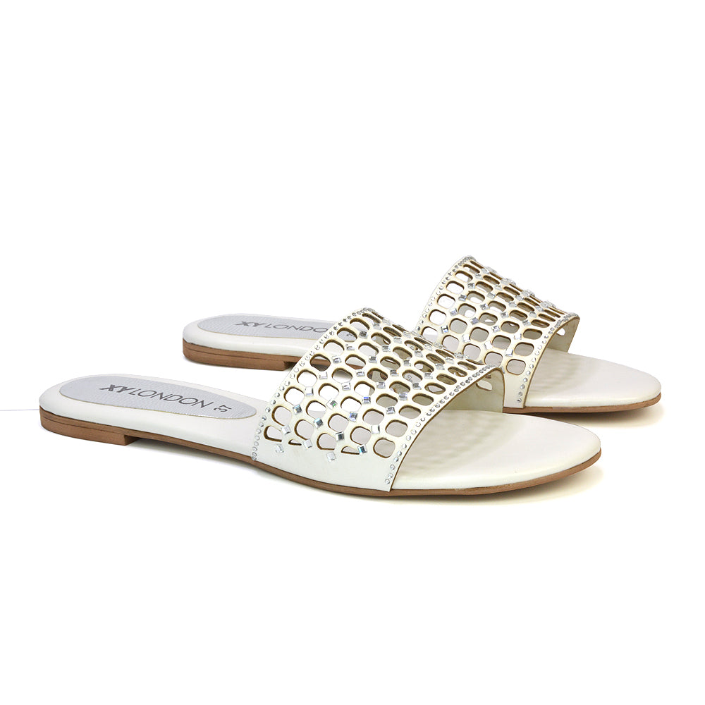 Abbie Mesh Strappy Diamante Slip On Flat Sandals Sliders in Gold