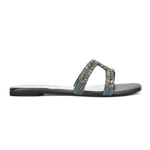 Kane Slip On Cut Out Square Toe Diamante Flat Sandals Sliders in Silver
