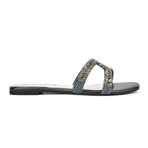 Kane Slip On Cut Out Square Toe Diamante Flat Sandals Sliders in Black