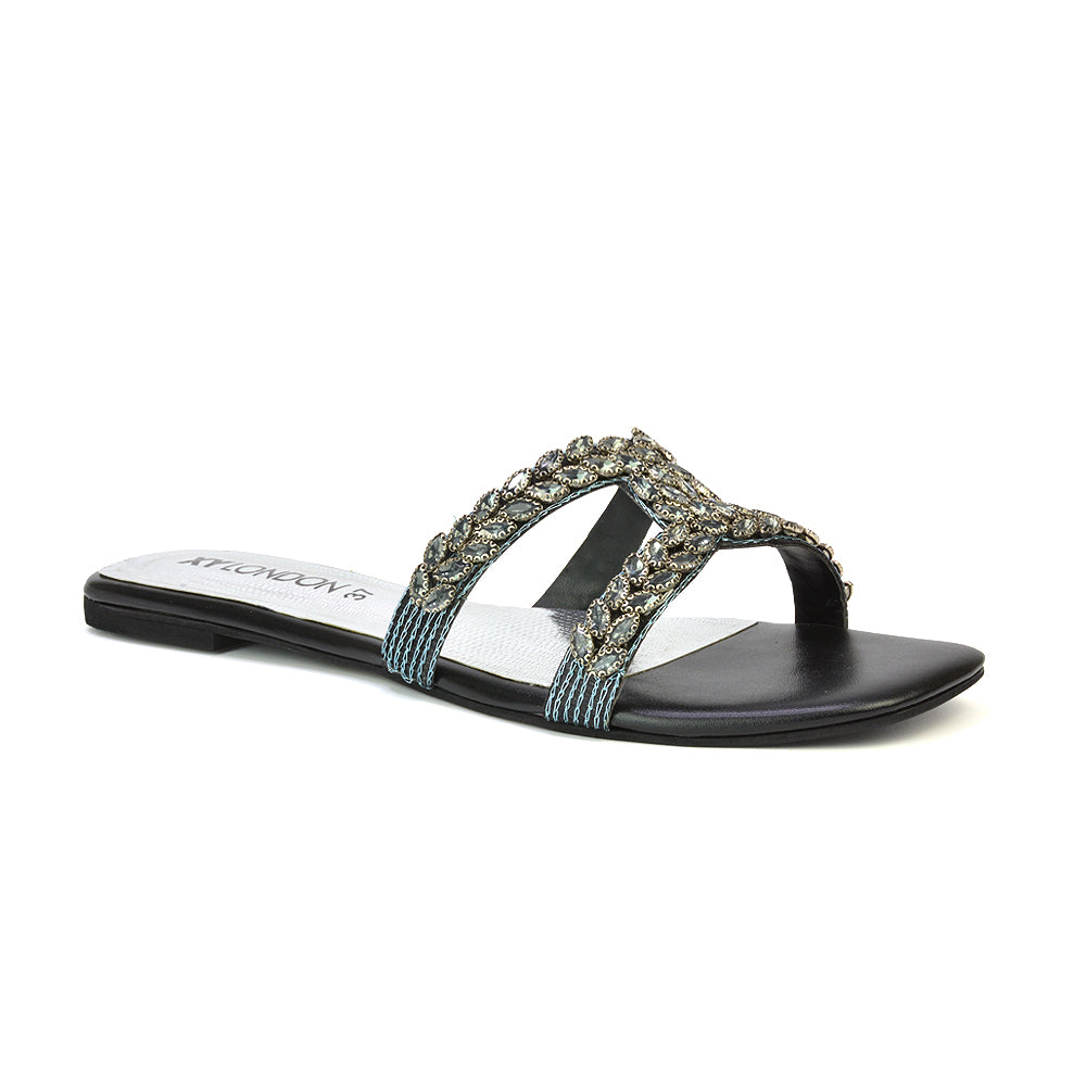 Kane Slip On Cut Out Square Toe Diamante Flat Sandals Sliders in Black