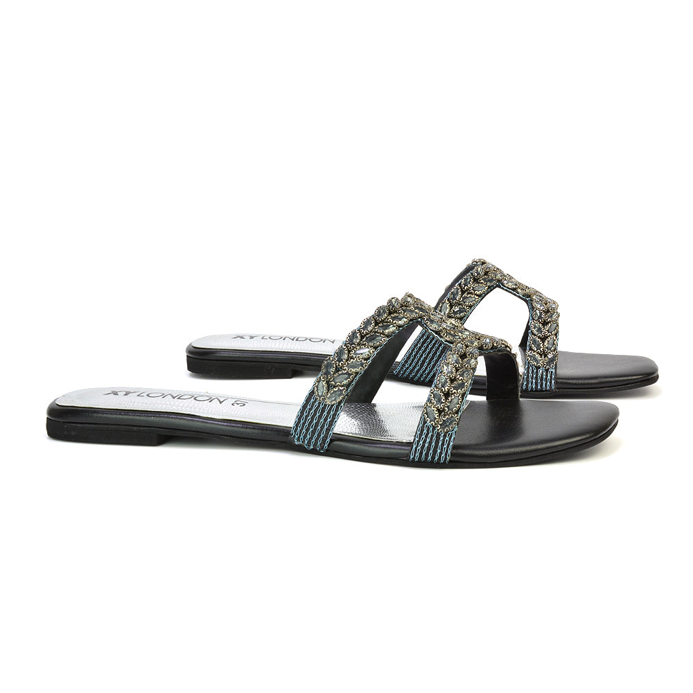 Kane Slip On Cut Out Square Toe Diamante Flat Sandals Sliders in Silver