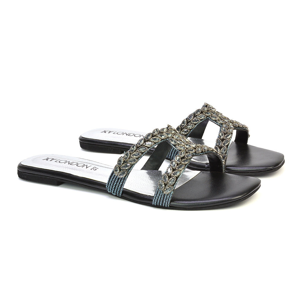 Kane Slip On Cut Out Square Toe Diamante Flat Sandals Sliders in Black