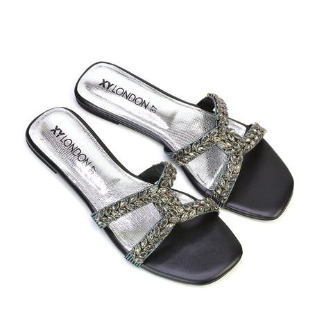 Kane Slip On Cut Out Square Toe Diamante Flat Sandals Sliders in Black