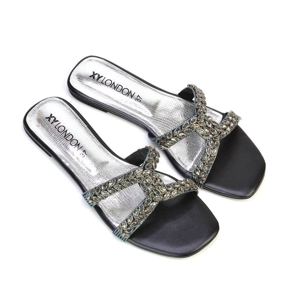 Kane Slip On Cut Out Square Toe Diamante Flat Sandals Sliders in Silver