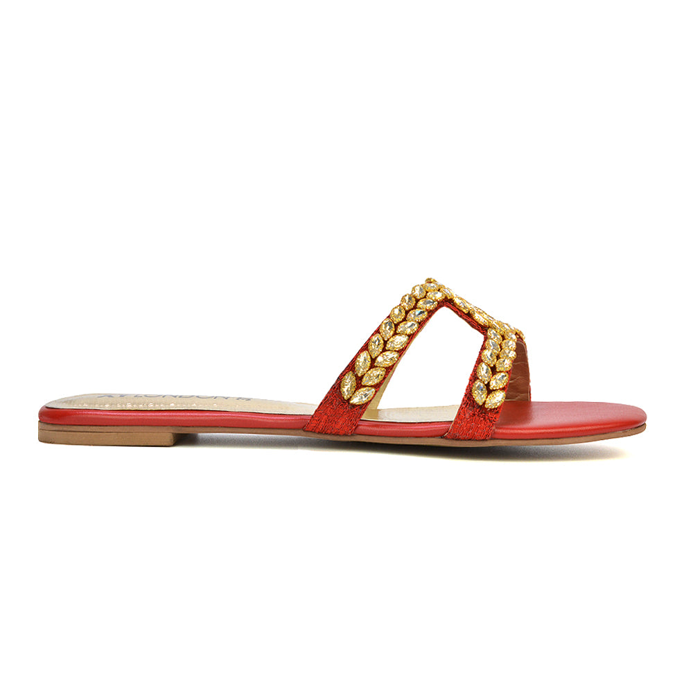 Kane Slip On Cut Out Square Toe Diamante Flat Sandals Sliders in Red