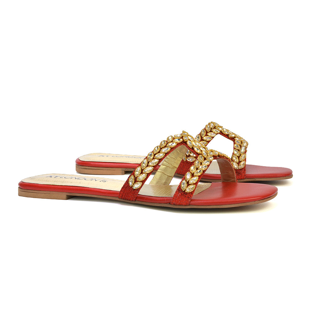 Kane Slip On Cut Out Square Toe Diamante Flat Sandals Sliders in Red