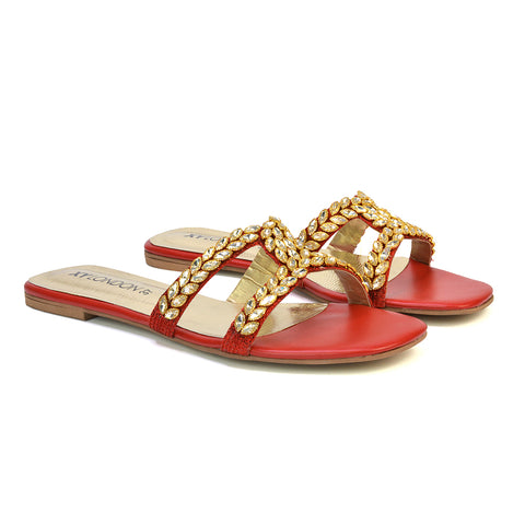 Kane Slip On Cut Out Square Toe Diamante Flat Sandals Sliders in Red