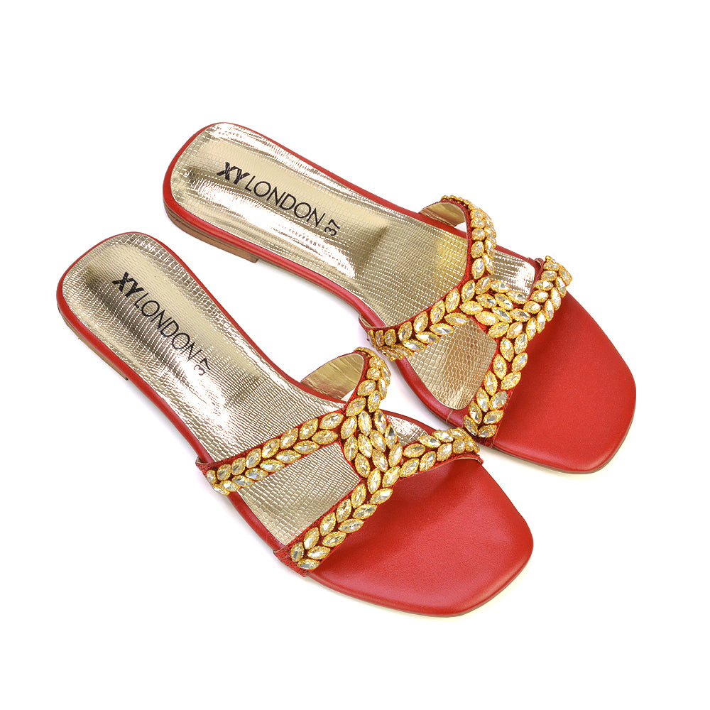 Kane Slip On Cut Out Square Toe Diamante Flat Sandals Sliders in Red