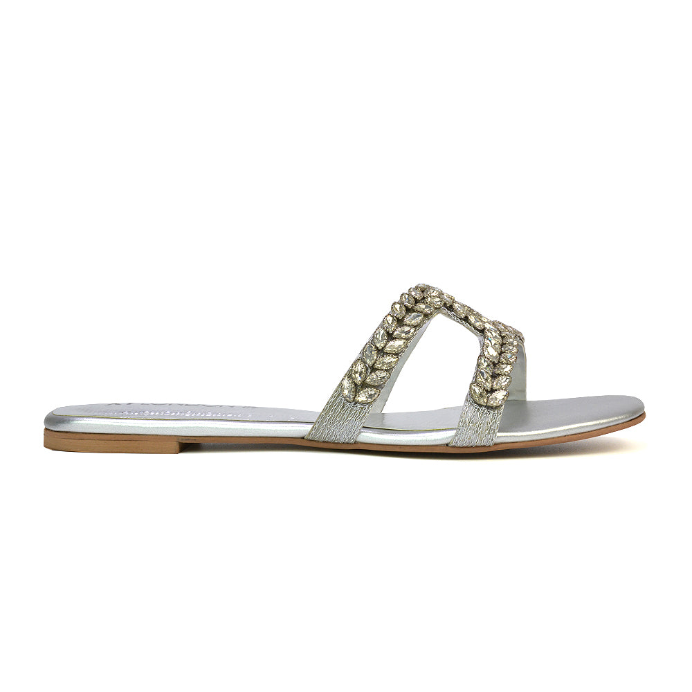 Kane Slip On Cut Out Square Toe Diamante Flat Sandals Sliders in Silver