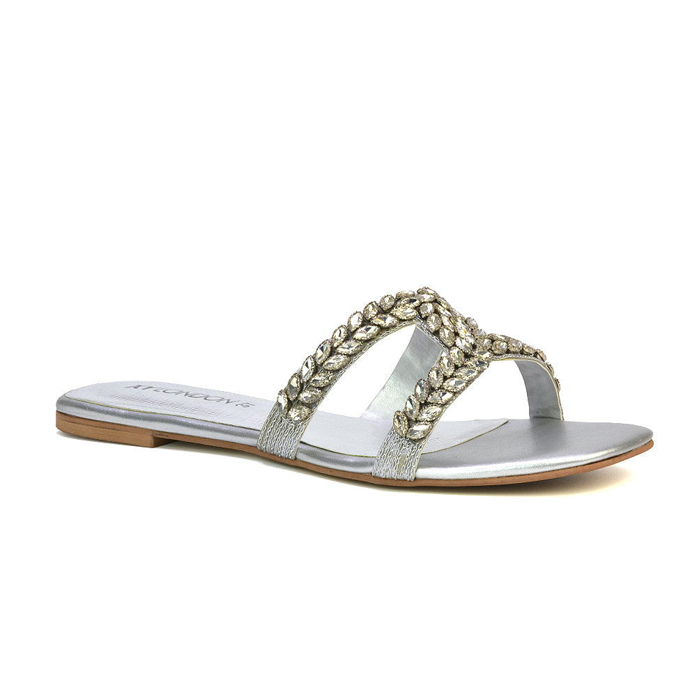 Kane Slip On Cut Out Square Toe Diamante Flat Sandals Sliders in Silver