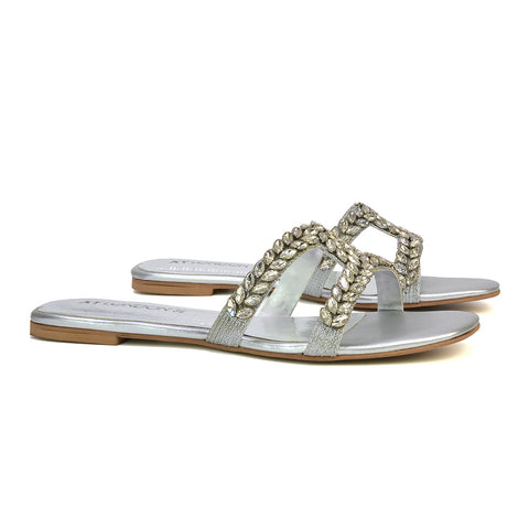 Kane Slip On Cut Out Square Toe Diamante Flat Sandals Sliders in Silver