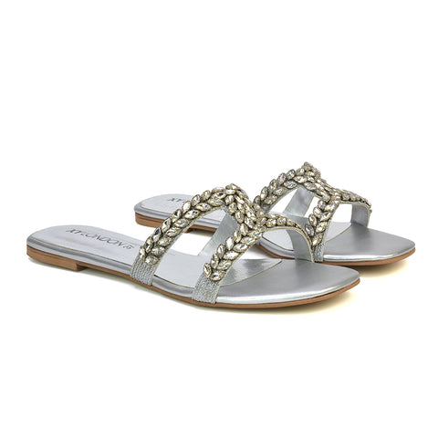 Kane Slip On Cut Out Square Toe Diamante Flat Sandals Sliders in Silver