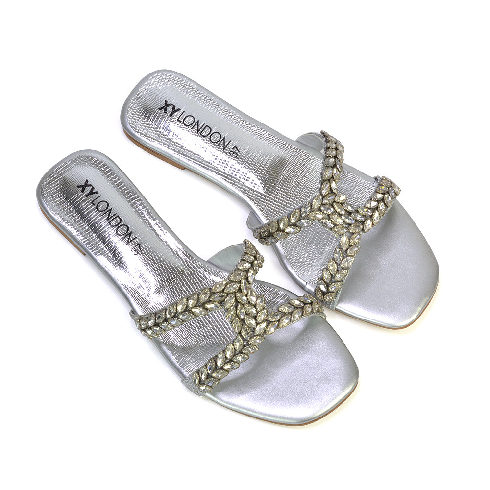 Kane Slip On Cut Out Square Toe Diamante Flat Sandals Sliders in Silver