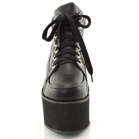 Leannes Lace up Chunky Cleated Sole Ankle Platform Boots in Black Synthetic Leather
