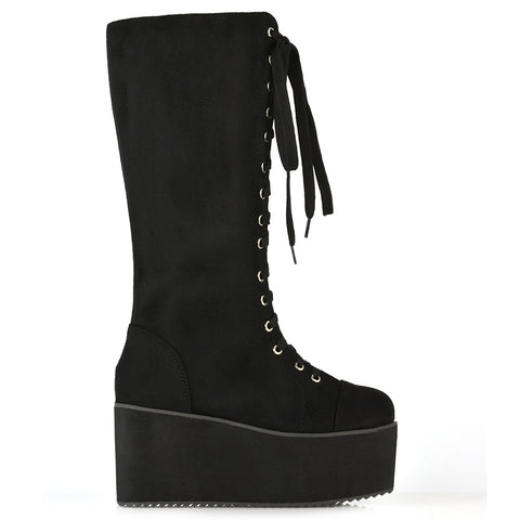 LIZ'S CHUNKY SOLE LACE UP KNEE HIGH BIKER WINTER PLATFORM BOOTS IN BLACK FAUX SUEDE