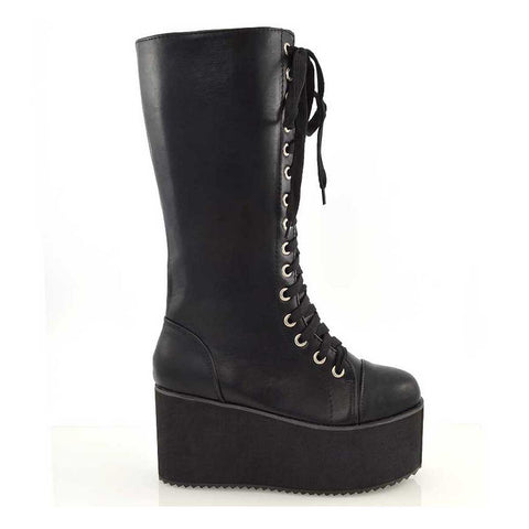 LIZ'S CHUNKY SOLE LACE UP KNEE HIGH BIKER WINTER PLATFORM BOOTS IN BLACK FAUX SUEDE