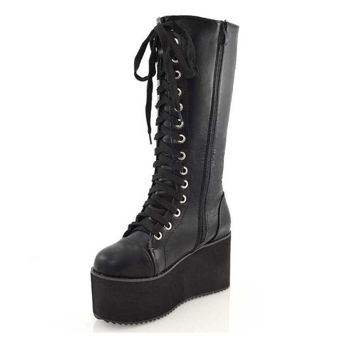 LIZ'S CHUNKY SOLE LACE UP KNEE HIGH BIKER WINTER PLATFORM BOOTS IN BLACK FAUX SUEDE