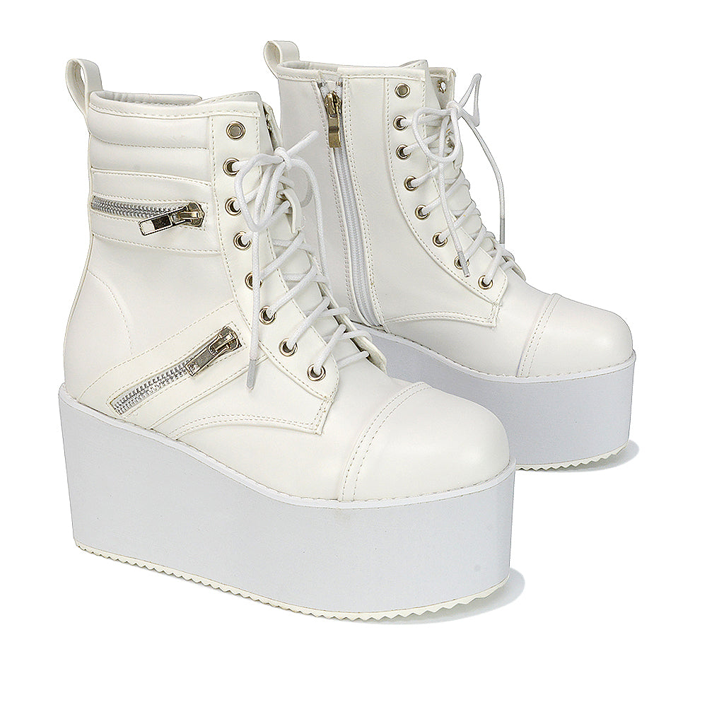 Ophelia Lace up Wedge Heeled Platform Ankle Boots in White Synthetic Leather